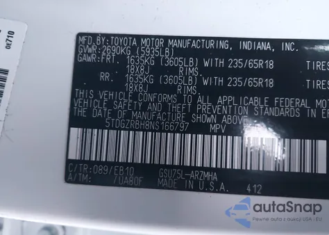 2022 Toyota Highlander Xle из США, поврежденный, VIN 5TDGZRBH8NS166797